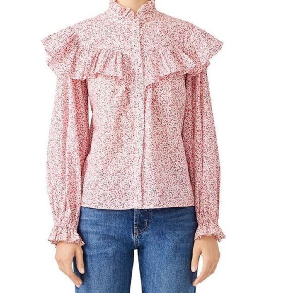 LOVESHACKFANCY Pink Floral Peasant Blouse Top MEDIUM